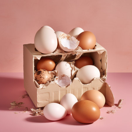 Eggs in a cardboard box on a pink background. Copyspace.の素材