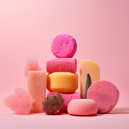 Stack of colorful marshmallows on pink background. Minimally concept.の素材