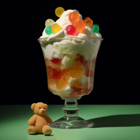 Fruit ice cream with teddy bear on a black background.の素材