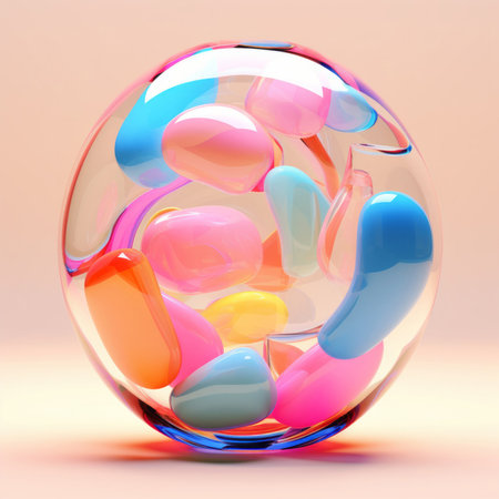 3d illustration of glass sphere with multicolored abstract shapes.の素材
