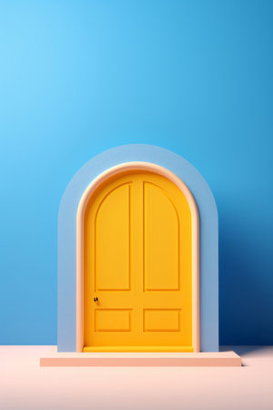 3d rendering of yellow door on blue background. minimal concept.の素材
