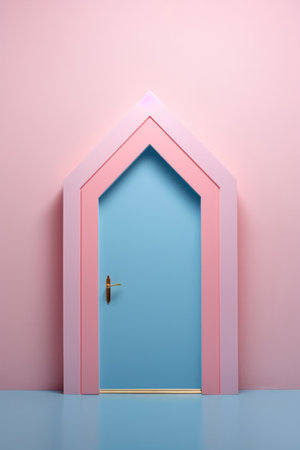 3d rendering of a door in a pink and blue room.の素材