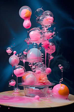Colorful splashes and drops of water in a glass vaseの素材