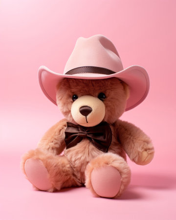 Teddy bear in cowboy hat and bow tie sitting on pink backgroundの素材