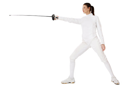Slim girl in fencing costume with sword in hand over white background