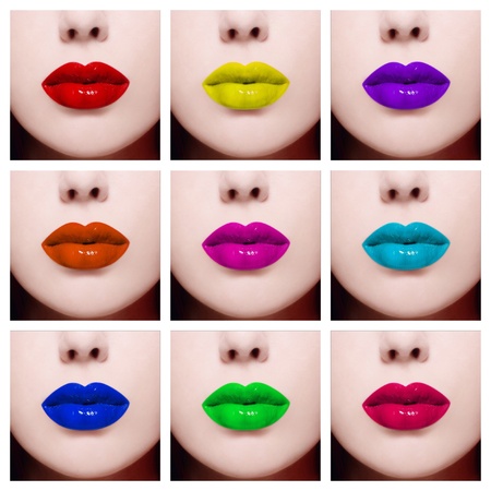 Conceptual collage with nine close-up images of colorful woman lips. Beauty, fashion, make-upの写真素材