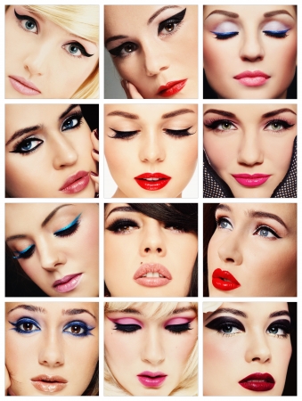 Collage. Beautiful young women with stylish cat eye make-up. Makeup, fashion, beauty. の写真素材