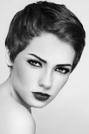 Black and white portrait of beautiful woman with stylish make-up の写真素材
