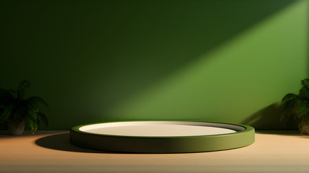 3d rendering of a podium in a dark room with green wallの素材