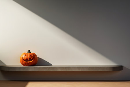 Halloween pumpkin on a shelf in a room. Halloween theme with minimal background for product presentation. 3d render, Generative AI illustration.の素材