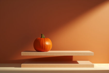 Pumpkin on a shelf in front of orange wall. Halloween theme with minimal background for product presentation. 3d render, Generative AI illustration.の素材