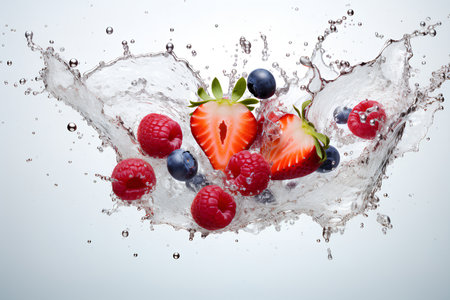 Water splash with fruits and mix berries isolated on white background. 3d illustration, Generative AI illustration.の素材