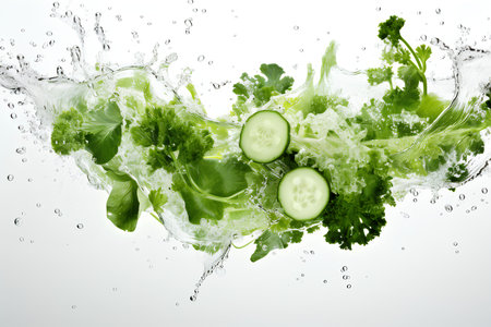 Fresh green vegetables in water splash on white background. Healthy Food and drink concept. Generative AI illustration.の素材