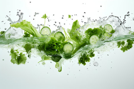 Fresh green vegetables in water splash on white background. Healthy Food and drink concept. Generative AI illustration.の素材
