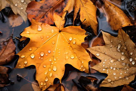 Autumn leaves in a puddle with water drops close-up.の素材