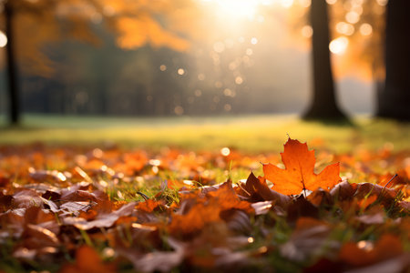 Autumn leaves in the park with sunbeams and lens flareの素材