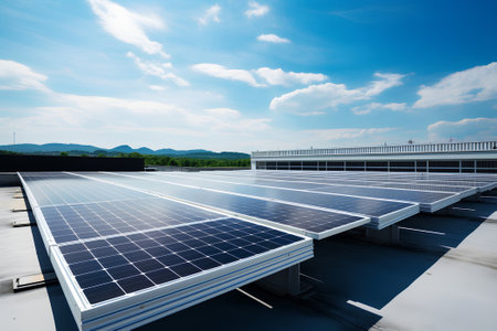 Solar panels installed on the roof of a building or house with blue sky and clouds.の素材