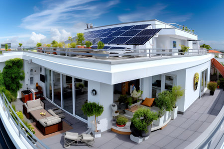 Solar panels installed on the roof of a modern house with a beautiful landscape and blue sky. Renewable energy concept.の素材