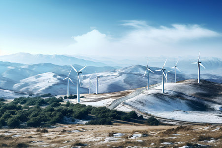 Wind turbines generating electricity on a snowy mountain landscape. Alternative energy source.の素材