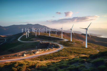 Windmills for electric power production on a hillside in the mountains with sky background. Alternative energy source.の素材