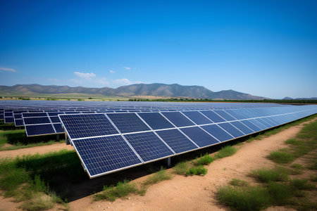 Solar energy panels in a solar power plant with blue sky and mountains background, concept of sustainable resources.の素材