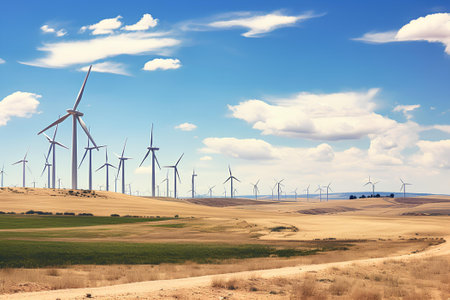 Windmills for electric power production in the field with sky background. Alternative energy source.の素材