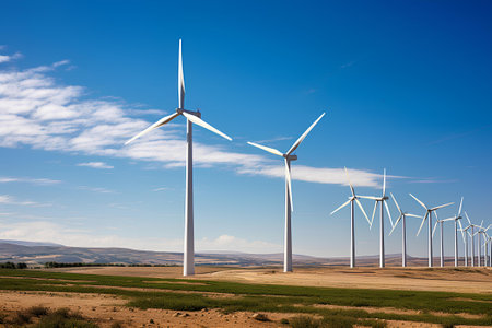 Windmills for electric power production in the field with sky background. Alternative energy source.の素材