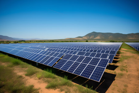 Solar energy panels in a solar power plant with blue sky and mountains background, concept of sustainable resources.の素材