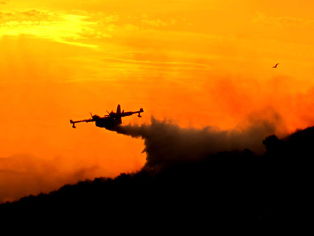 In early morning with orange sky Canadair extinguish fire on coast of Croatiaのeditorial素材