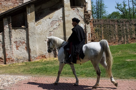 A horseman riding on a white horse with a black,traditional military uniform on fest