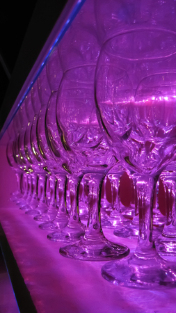 Wine glasses in a row on a shelf illuminated with pink light in nightclub|barの写真素材