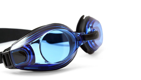 Blue swimming goggles on white background.