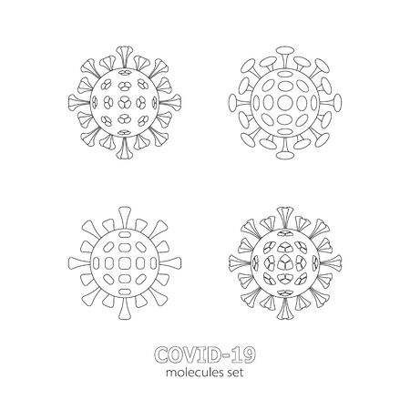 Icons with the image of a coronavirus molecules. COVID-19 virion depicted in the linart style on a white background.のイラスト素材