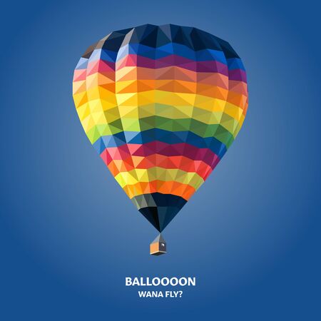 A multi-colored low-poly balloon is depicted on a blue background. Bright balloon flight on a hot summer day. The Montgolfier will be happy with such a balloon.のイラスト素材