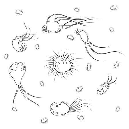 Icons of infectious bacteria and biological viruses. Flat cartoon illustration of microbes and bacteria. A microorganism and allergen pictured on a white background.のイラスト素材