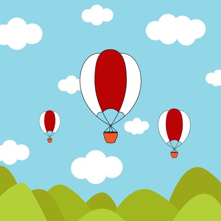 Flat balloon in the blue sky flying over the mountains.のイラスト素材
