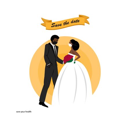 Dark Skin Couple wedding in medical masks. Happy wedding dark skincouple in love. Coronavirus is not a reason to refuse a wedding.のイラスト素材