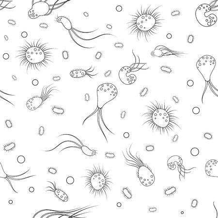 Pattern with icons of infectious bacteria and biological viruses. Flat cartoon illustration background of microbes and bacteria. A microorganism and allergen pictured on a white background.のイラスト素材