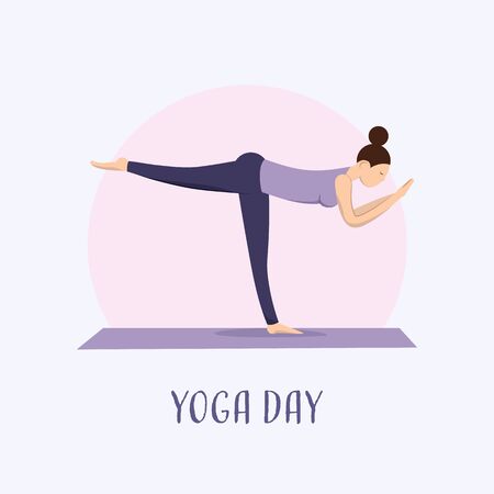 The girl does yoga at home. Yoga day. A girl stands on one leg on a purple yoga Mat.のイラスト素材