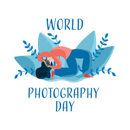 illustration of World Photography Day 19 August. A photographer standing in a difficult pose with a camera.のイラスト素材