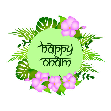 Happy Onam on a light green background with pink flowers. Lettering Onam for a holiday in India. Lettering stylized as an Indian script.のイラスト素材