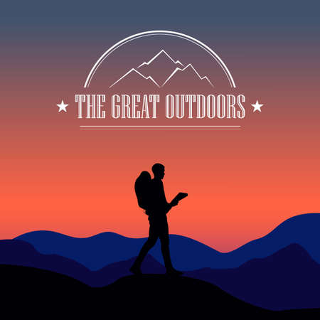Silhouette of a man against the background of a sunset in the mountains.のイラスト素材