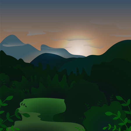 Evening landscape in the misty mountains. Image of an outdoor landscape in the mountains dark green evening.のイラスト素材