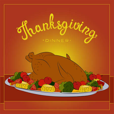 Baked Turkey with vegetables on the holiday table. Happy Thanksgiving.のイラスト素材