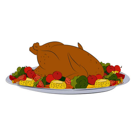 Baked Turkey with vegetables on the holiday table. Happy Thanksgiving.のイラスト素材