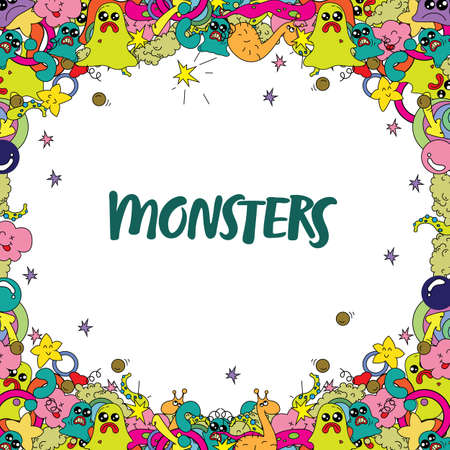 Design creative work with cute colored doodle monsters.のイラスト素材