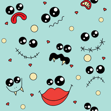 Seamless pattern with cute monster smiles on blue background.のイラスト素材