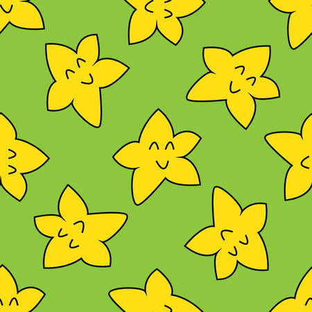 Seamless pattern with smiling yellow stars on green background.のイラスト素材