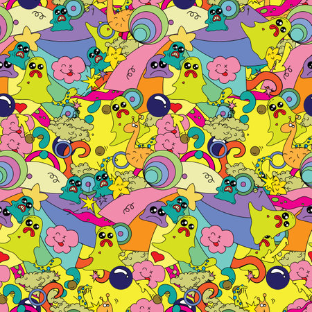 Seamless multicolored pattern with cute monster cases.のイラスト素材