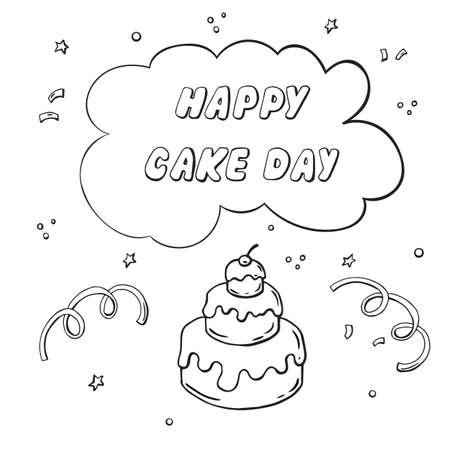 Black and white greeting card with cake in the doodle style isolated on a white background with lettering elementsのイラスト素材